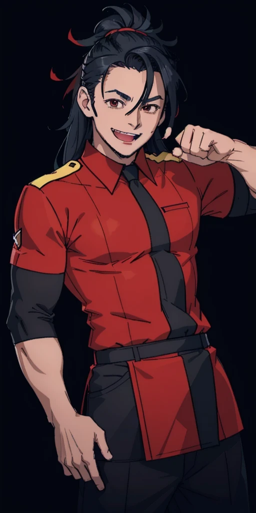 (Male), man, masculine, muscular, , uniform, brown and black uniform, excited, fighting stance, high quality, simple background, smiling, sharp eyes, dark red eyes, deep blue hair, fighting position, guy, dude, tall, long dark blue hair, forked tongue