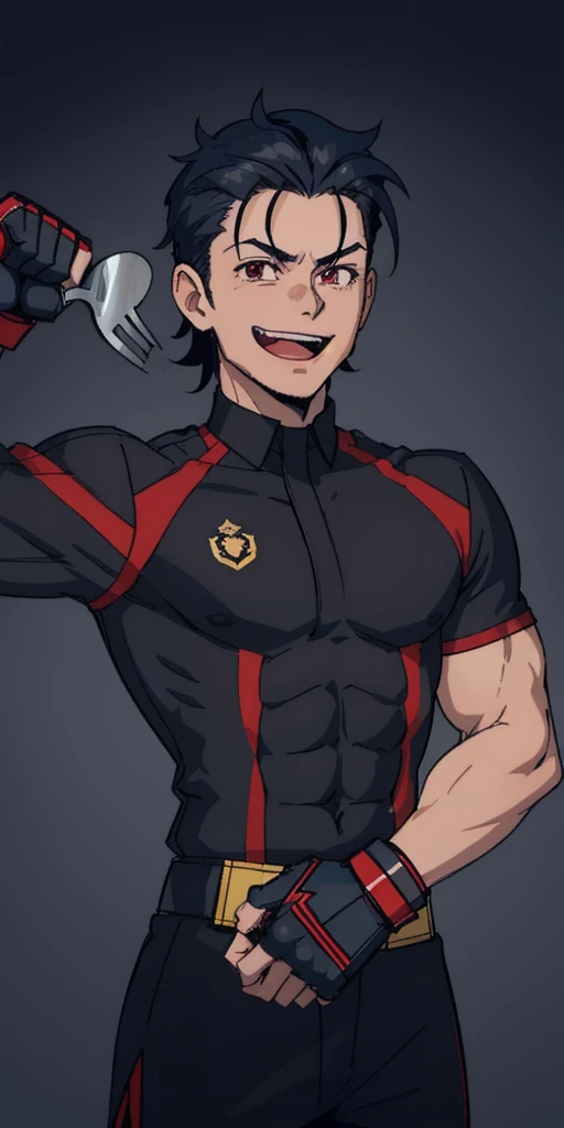 (Male), man, masculine, muscular, , uniform, brown and black uniform, excited, fighting stance, high quality, simple background, smiling, sharp eyes, dark red eyes, deep blue hair, fighting position, guy, dude, tall, long dark blue hair, forked tongue