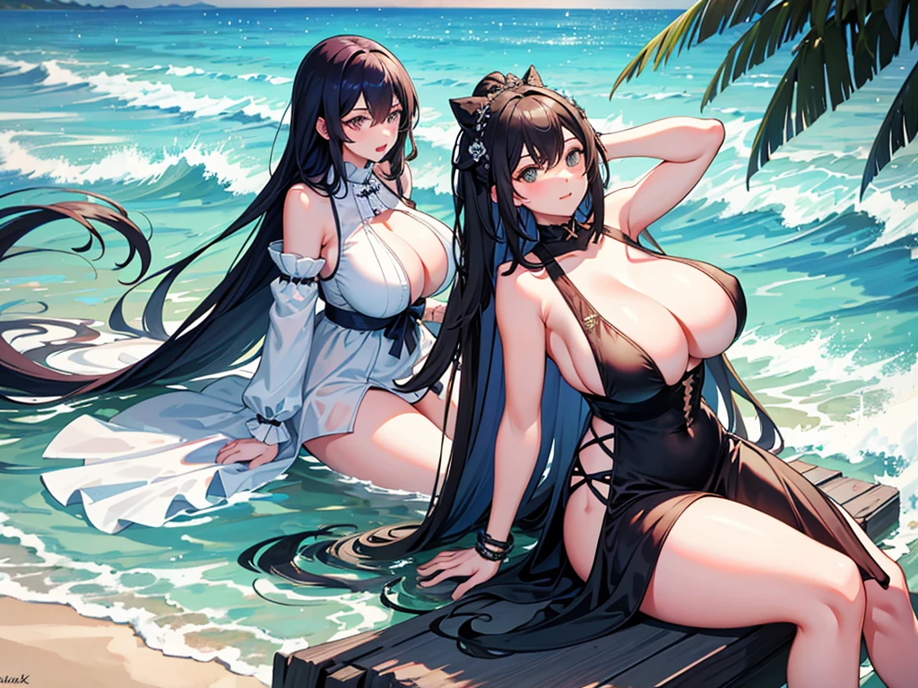 2 Girls,seaside,Long hair,Huge breasts,obesity