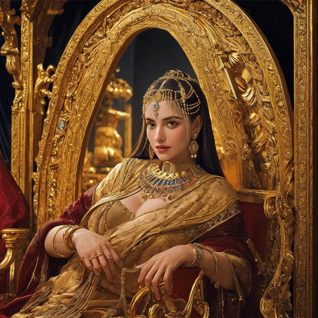 Create a stunning portrait of Queen Cleopatra, emphasizing its royalty and elegance. The scene is supposed to capture Cleopatra sitting on her golden throne, adorned with opulent Egyptian jewelry, including a golden crown encrusted with precious stones. Behind her, include a view of the Nile River with a stunning sunset, highlighting the grandeur of his empire. Utilize a rich color palette and meticulous details to reflect your majesty and power