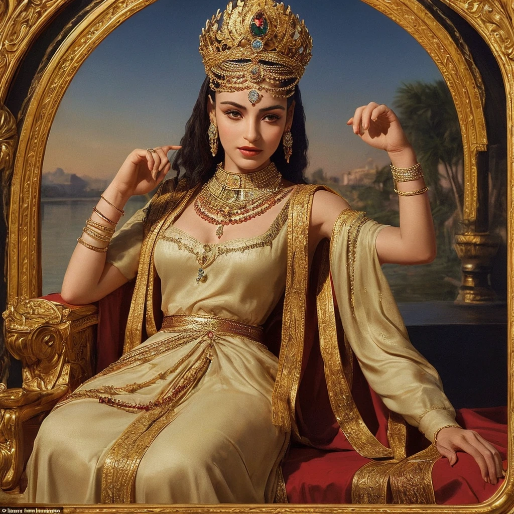 Create a stunning portrait of Queen Cleopatra, emphasizing its royalty and elegance. The scene is supposed to capture Cleopatra sitting on her golden throne, adorned with opulent Egyptian jewelry, including a golden crown encrusted with precious stones. Behind her, include a view of the Nile River with a stunning sunset, highlighting the grandeur of his empire. Utilize a rich color palette and meticulous details to reflect your majesty and power