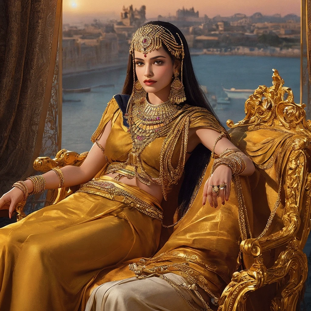 Create a stunning portrait of Queen Cleopatra, emphasizing its royalty and elegance. The scene is supposed to capture Cleopatra sitting on her golden throne, adorned with opulent Egyptian jewelry, including a golden crown encrusted with precious stones. Behind her, include a view of the Nile River with a stunning sunset, highlighting the grandeur of his empire. Utilize a rich color palette and meticulous details to reflect your majesty and power