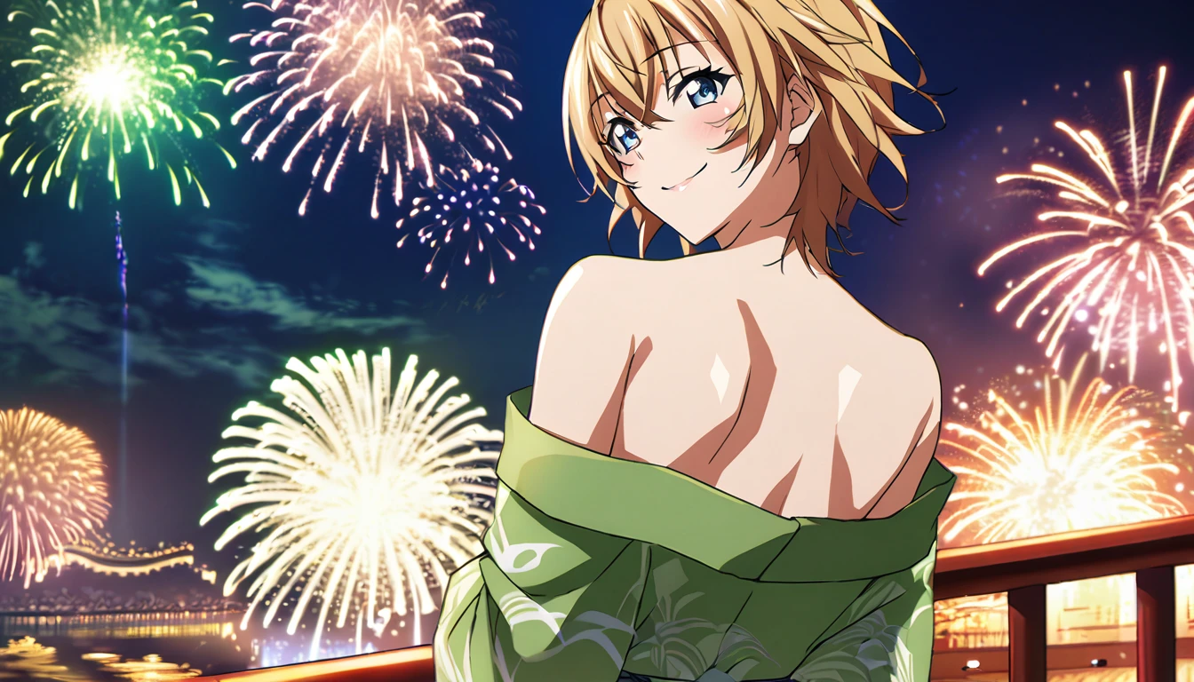 score_9, score_8_up, score_7_up, source_anime, from behind, solo, 1girl, odelschwanck, smile, looking back, skull, green kimono, off shoulder, bare shoulders, backboob, Fireworks