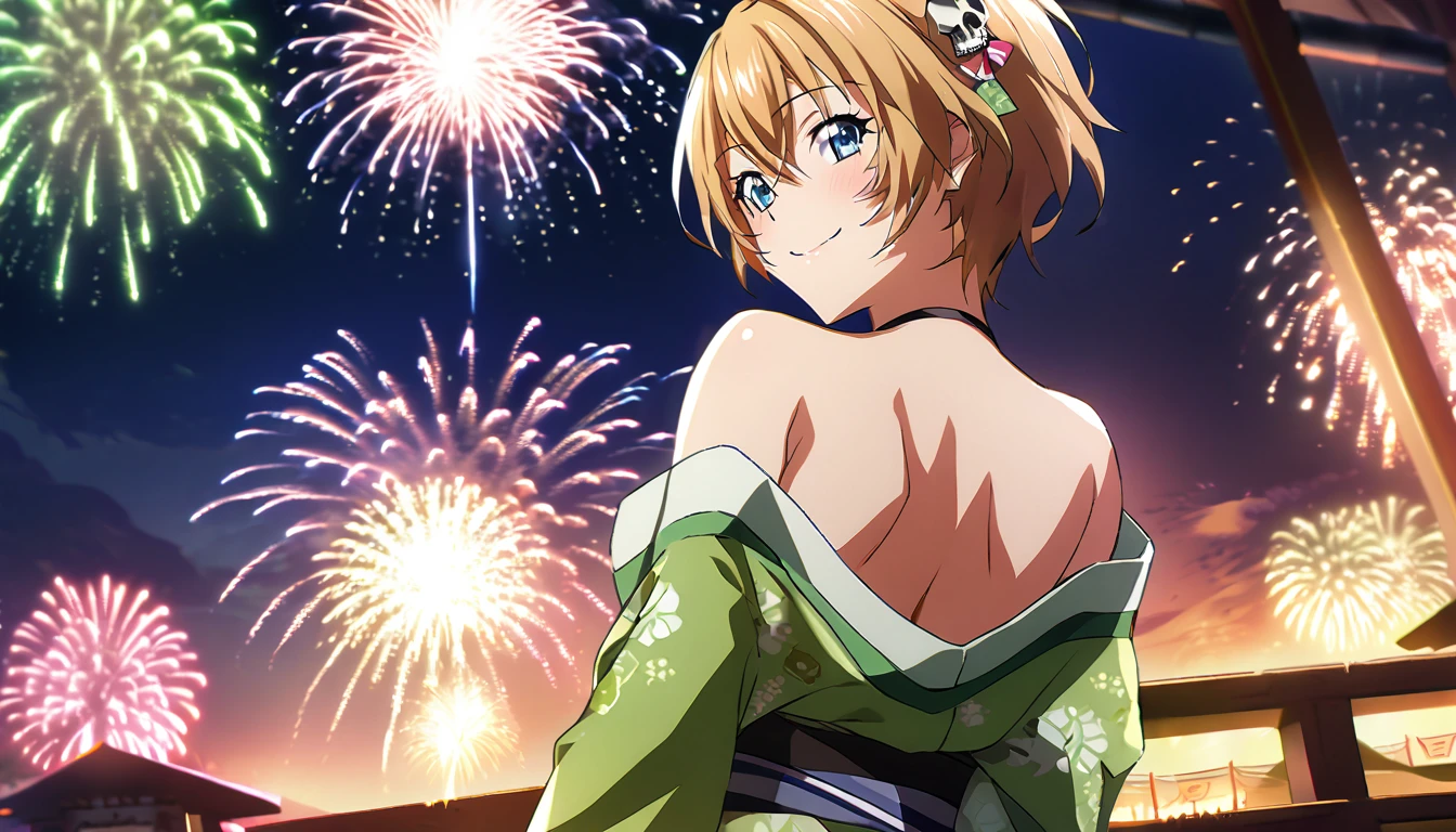 score_9, score_8_up, score_7_up, source_anime, from behind, solo, 1girl, odelschwanck, smile, looking back, skull, green kimono, off shoulder, bare shoulders, backboob, Fireworks