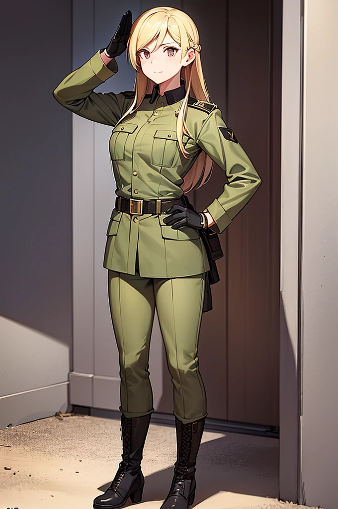 Content: An anime woman in a military uniform. She has dark brown eyes, tanned skin, blonde hair that ends halfway down her back, and military boots. Her military uniform has themes of brown to reflect the desert background, and she carries binoculars. Her appearance is loosely inspired by Erwin Rommel. She wears a confident smile, looking very mature, with her hands on her hips. Medium: Digital art, anime illustration. Style: Pixiv contest winner, fine art, with elements inspired by historical military aesthetics and anime character design. Lighting: Dramatic, with strong contrasts to highlight her authoritative presence and the details of her uniform. Subtle shadows to add depth and realism. Colours: A palette dominated by military greens, browns, and blacks to reflect the desert environment. Composition: A full body shot. She salutes to the camera, showcasing her confidence and authority.