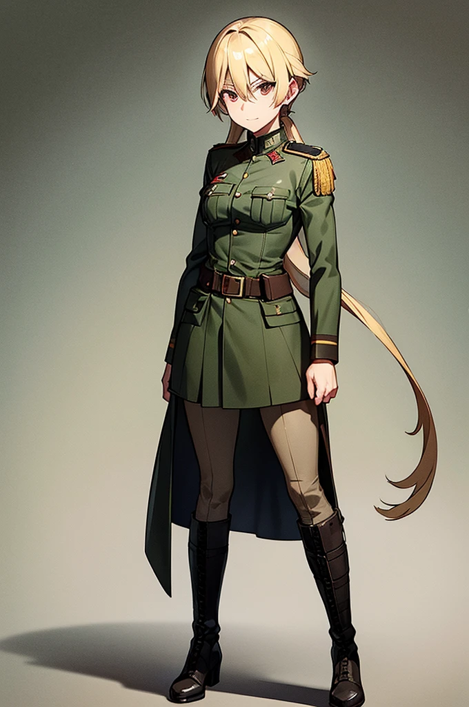 Content: An anime woman in a military uniform. She has dark brown eyes, tanned skin, blonde hair that ends halfway down her back, and military boots. Her military uniform has themes of brown to reflect the desert background, and she carries binoculars. Her appearance is loosely inspired by Erwin Rommel. She wears a confident smile, looking very mature, with her hands on her hips. Medium: Digital art, anime illustration. Style: Pixiv contest winner, fine art, with elements inspired by historical military aesthetics and anime character design. Lighting: Dramatic, with strong contrasts to highlight her authoritative presence and the details of her uniform. Subtle shadows to add depth and realism. Colours: A palette dominated by military greens, browns, and blacks to reflect the desert environment. Composition: A full body shot. She salutes to the camera, showcasing her confidence and authority.