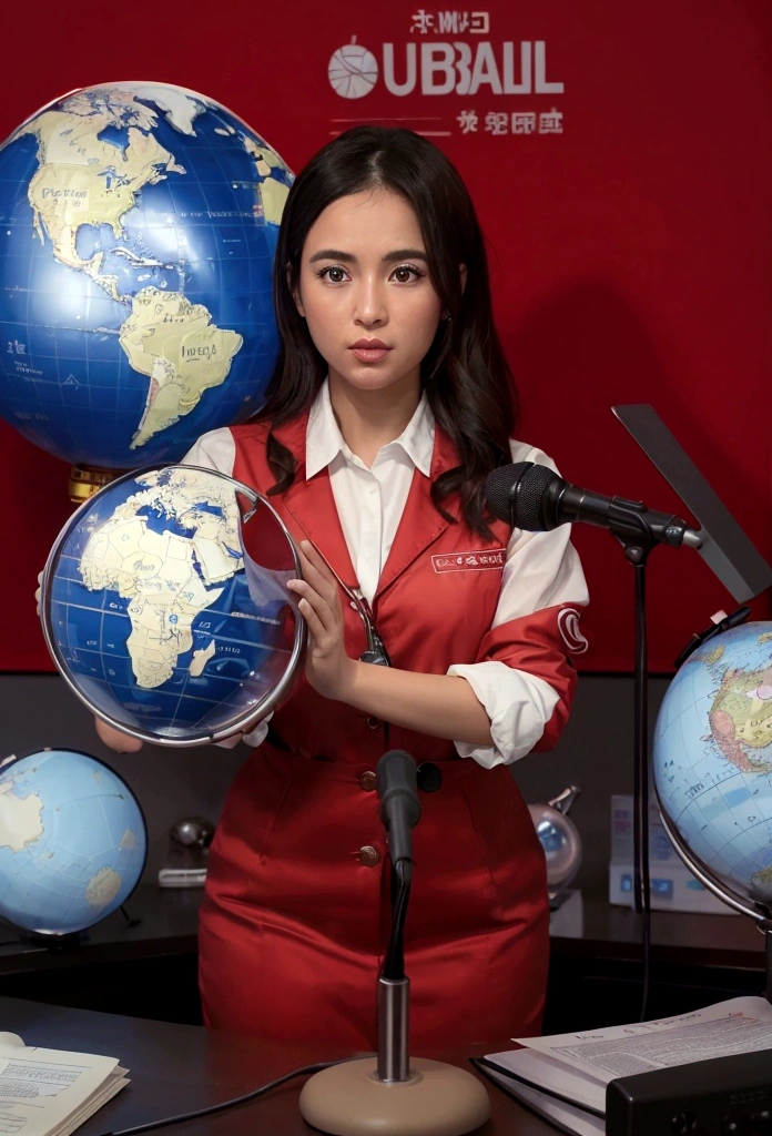 Create a profile image for an Instagram account named 'GlobalPulseNews' using the provided character image directly. The character should be in the center, holding a microphone and sitting at a news desk. The background should feature a stylized globe and news-related icons such as a newspaper and a magnifying glass. Use shades of red and white to convey trust and reliability.