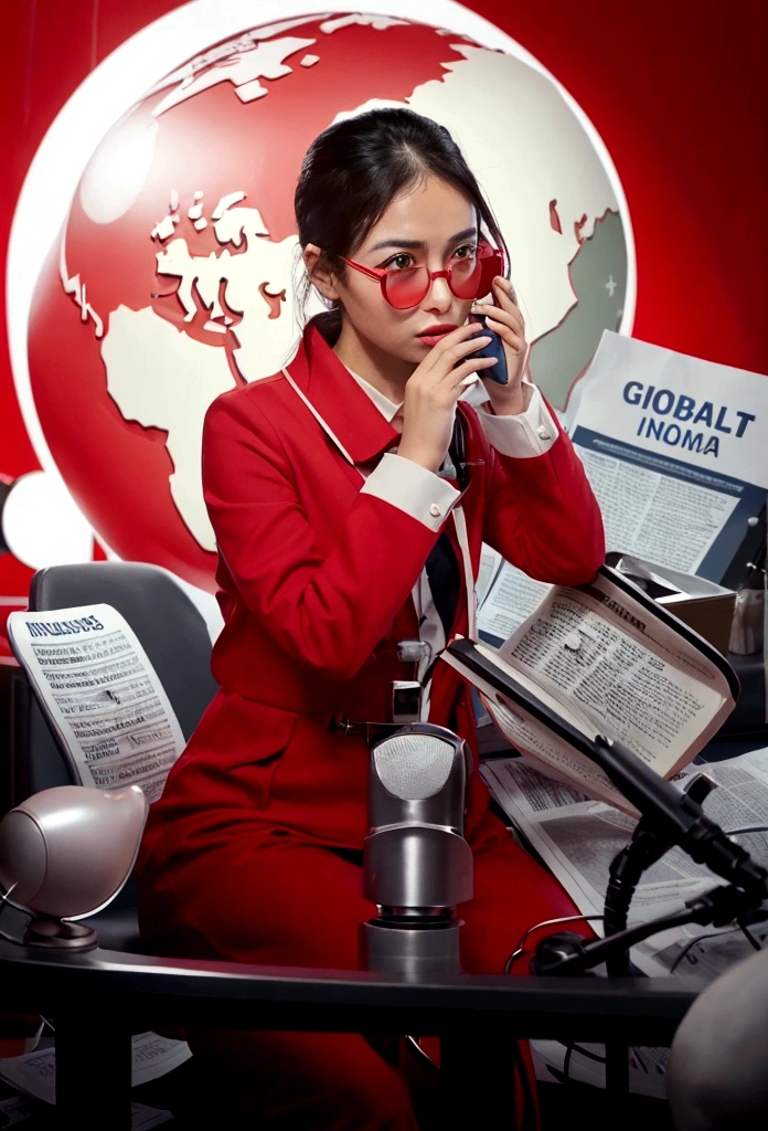 Create a profile image for an Instagram account named 'GlobalPulseNews' using the provided character image directly. The character should be in the center, holding a microphone and sitting at a news desk. The background should feature a stylized globe and news-related icons such as a newspaper and a magnifying glass. Use shades of red and white to convey trust and reliability.