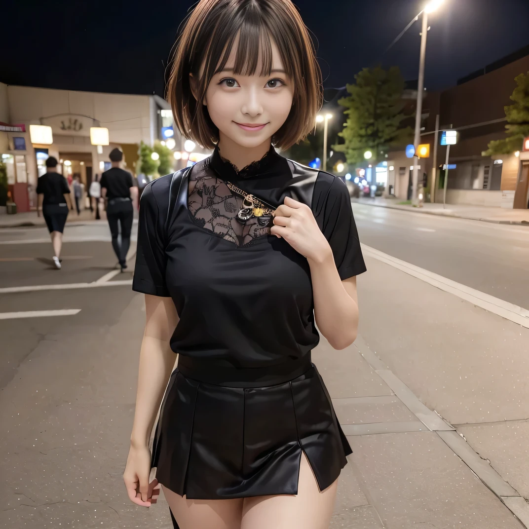 (Highest quality, masterpiece, Ultra-high resolution, 8K, RAW Photos, Realistic, Anatomically correct:1.5) 、20-year-old girl:1.2, Embarrassing, avert your eyes, blush:1.0, View Viewer, ((Cyber Factory)) 、Night view、 Light:1.2, Bokeh, Cinema Lighting:1.0, Depth of written boundary, sharp、 Cute face、Idol、(Black short sleeve lace top)、(Black pleated skirt)、Black clothing、”dwarf”、Full Body Shot、Cowboy Shot、(( smile))、(Ultra short hair)、(Medium Hair)、(Straight bangs)、((One woman))、