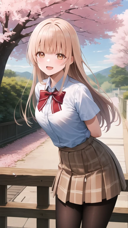 masterpiece, best quality, highres, aamahiru, long hair, red bowtie, white shirt, short sleeves, plaid skirt, brown skirt, pantyhose, standing, cowboy shot, leaning forward, arms behind back, outdoors, cherry blossoms, smile, open mouth,