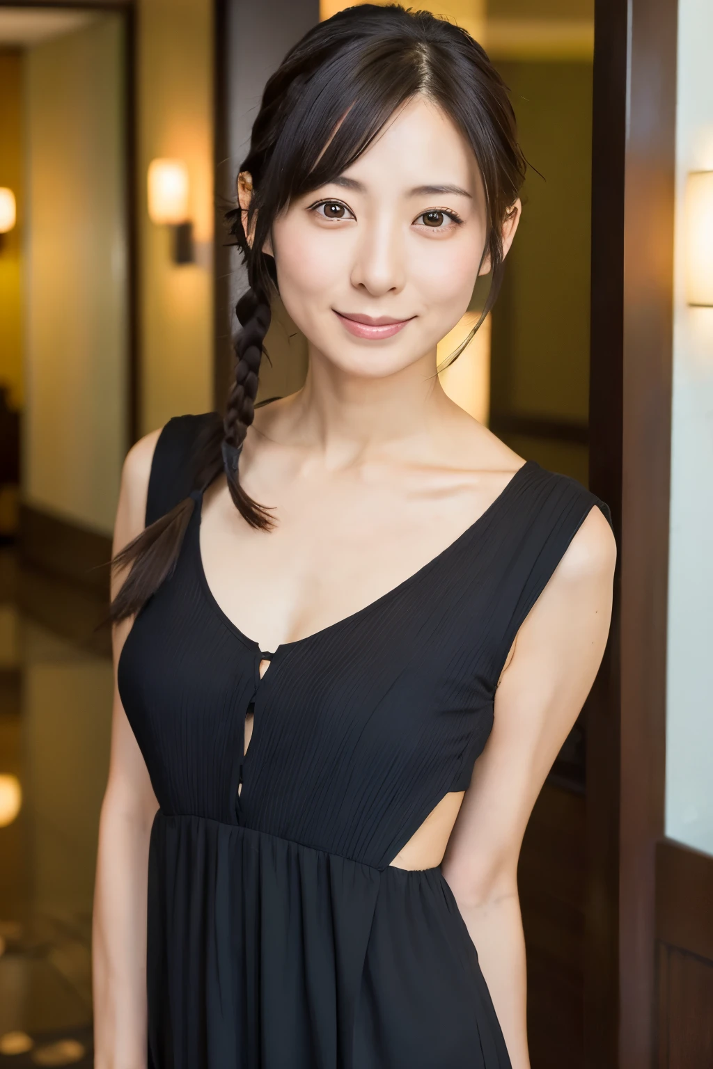 A Japanese woman, {30|40} years old, 1girl, cute face, slight smile, ((detailed face, detailed eyes)), black {short|braid} hair, medium breasts, very thin waist, correct human body structure, see-through long dress in a hotel lobby, (full body photo),