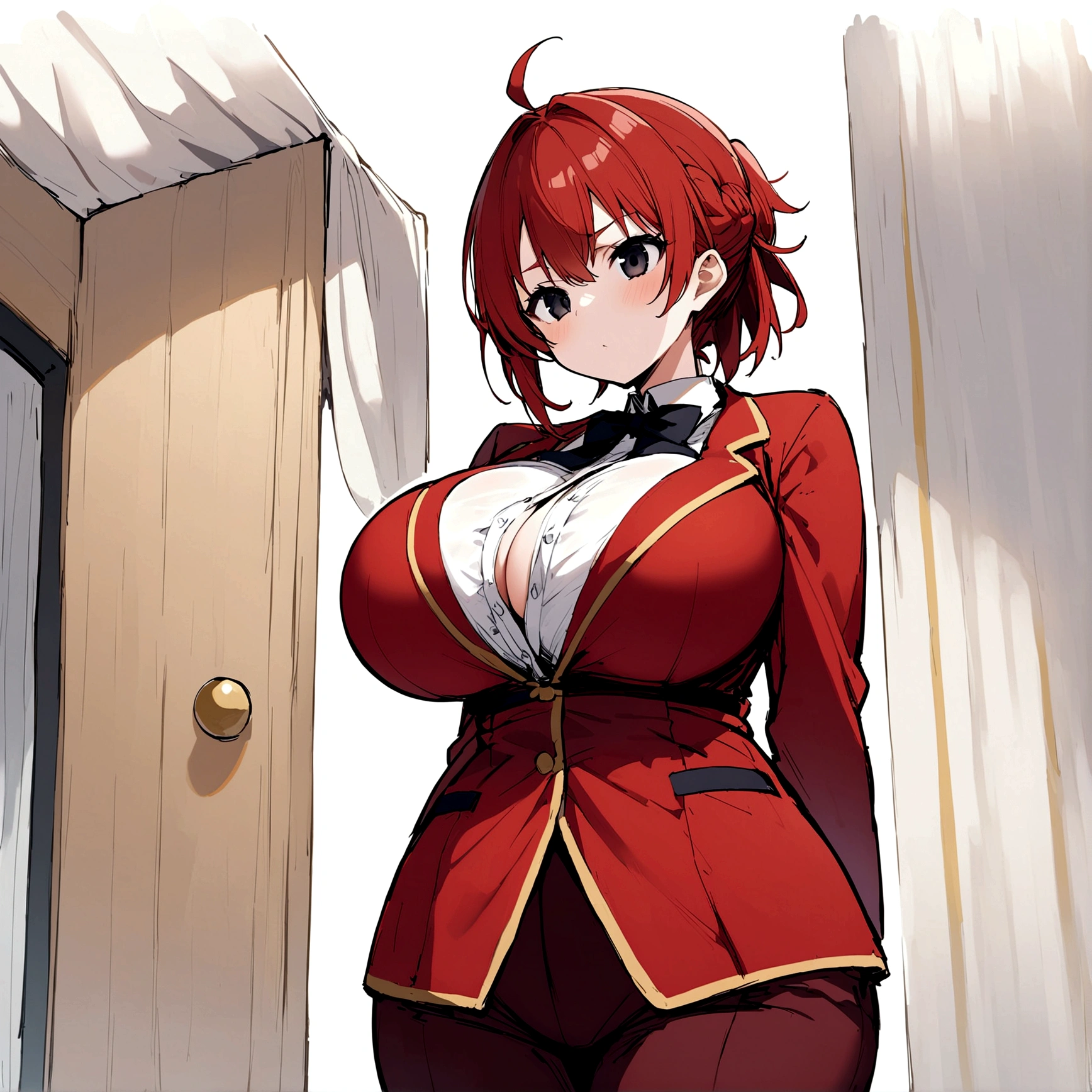 My name is Hikaru, I am a white test ,with red hair long , black eyes and I am 138 cm tall and weigh 34 kg. My breasts measure 160 cm, my waist measures 30 cm and my hips measure 60 cm. Dressed in short red pajamas s. With big breasts 160 cm