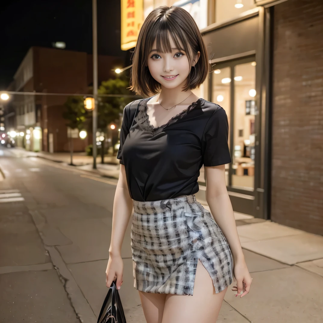 (Highest quality, masterpiece, Ultra-high resolution, 8K, RAW Photos, Realistic, Anatomically correct:1.5) 、20-year-old girl:1.2, Embarrassing, avert your eyes, blush:1.0, View Viewer, ((Cyber Factory)) 、Night view、 Light:1.2, Bokeh, Cinema Lighting:1.0, Depth of written boundary, sharp、 Cute face、Idol、(Black short sleeve lace top)、(Black pleated skirt)、Black clothing、”dwarf”、Full Body Shot、Cowboy Shot、(( smile))、(Ultra short hair)、(Medium Hair)、(Straight bangs)、((One woman))、