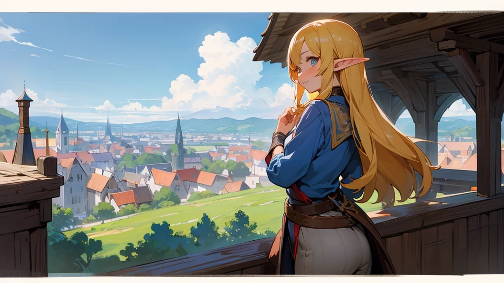 Anime Style,Nostalgic,Detailed background,The medieval world,A lively bar with lots of people,Beautiful sky,A beautiful bard elf girl looking back at me,Protruding buttocks