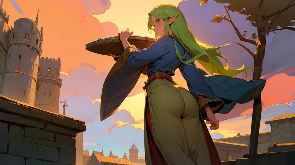 Anime Style,Nostalgic,Detailed background,The medieval world,A lively bar with lots of people,Beautiful sky,A beautiful bard elf girl looking back at me,Protruding buttocks