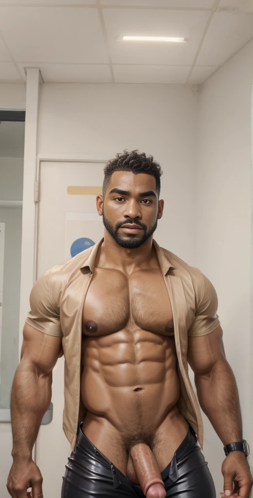 1boy, Miles Morales, solo, facial hair,34 yrs old, fitness trainer, male focus, flaccid penis, pectorals, bara, muscular, mature male, muscular male, abs, beard, ring nipples, , short hair, navel, stomach, rubber tight pants, large pectorals, thick eyebrows, bare pectorals, dark-skinned male, erection, thighs, erection under clothes, fancy suit, dark skin, tie, tight shirt, jacket, tight pants, grey police suit, pectoral cleavage, cowboy shot, cop uniform, feet out of frame, thick thighs, looking at viewer, masterpiece, 4k, high quality, highres, absurdres,