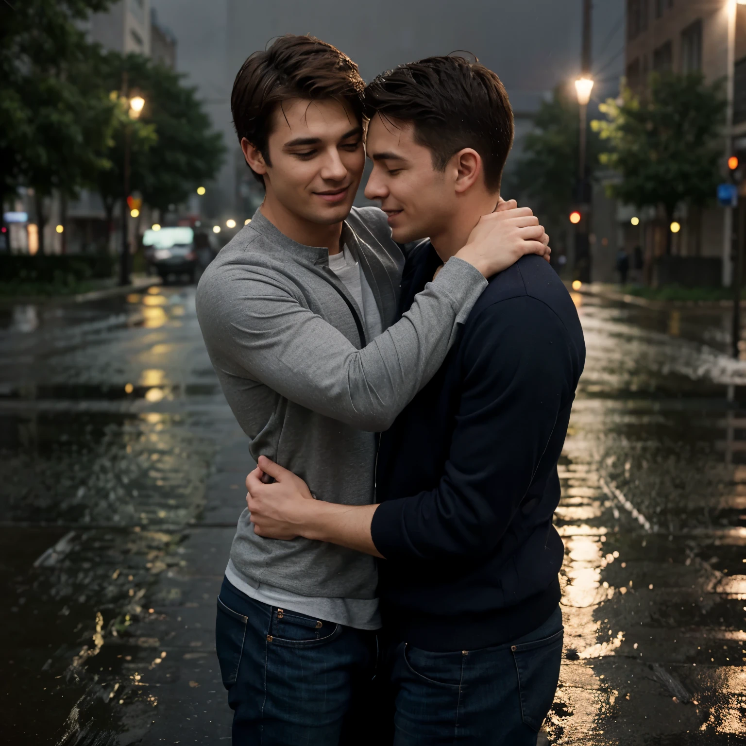 a gay couple hugging, cute movie scene, rainy, two men