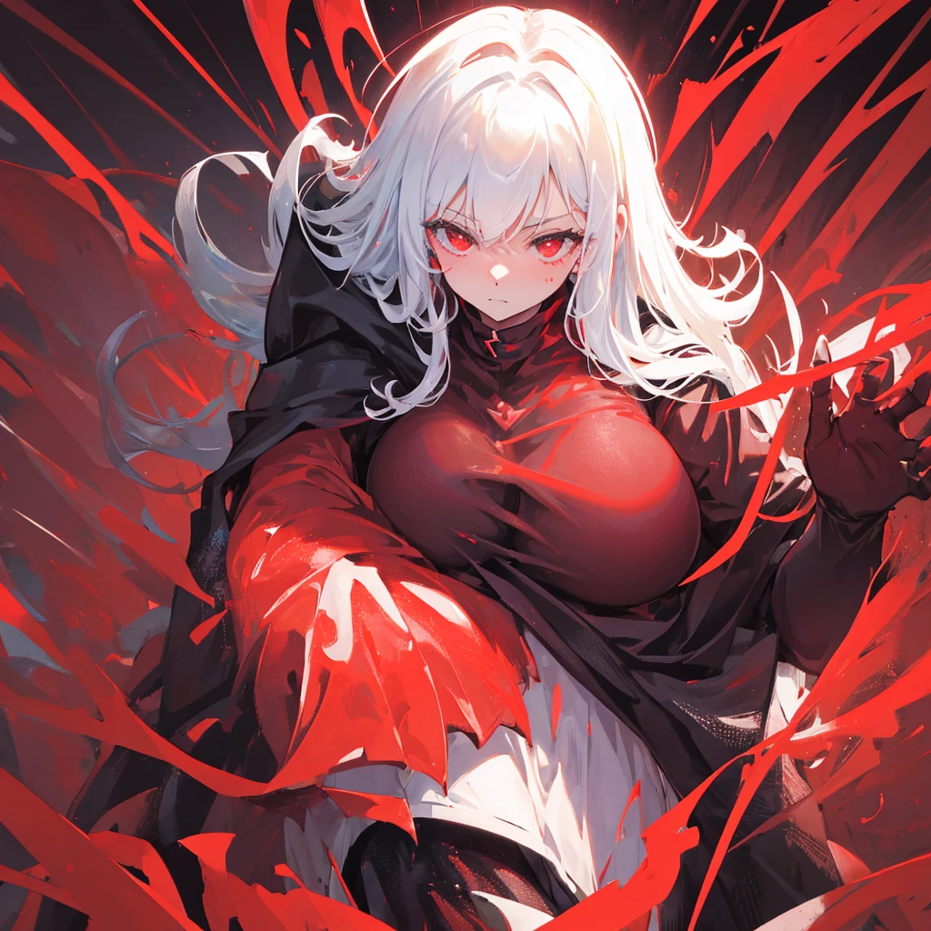 A human devil，woman，black长发，Red clothes，Exposure，Big breasts，black，((Pure red background))