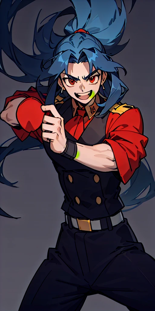 (Male), man, masculine, muscular, , uniform, brown and black uniform, excited, fighting stance, high quality, simple background, smiling, sharp eyes, dark red eyes, deep blue hair, fighting position, guy, dude, tall, long hair, blue hair, dark blue hair.