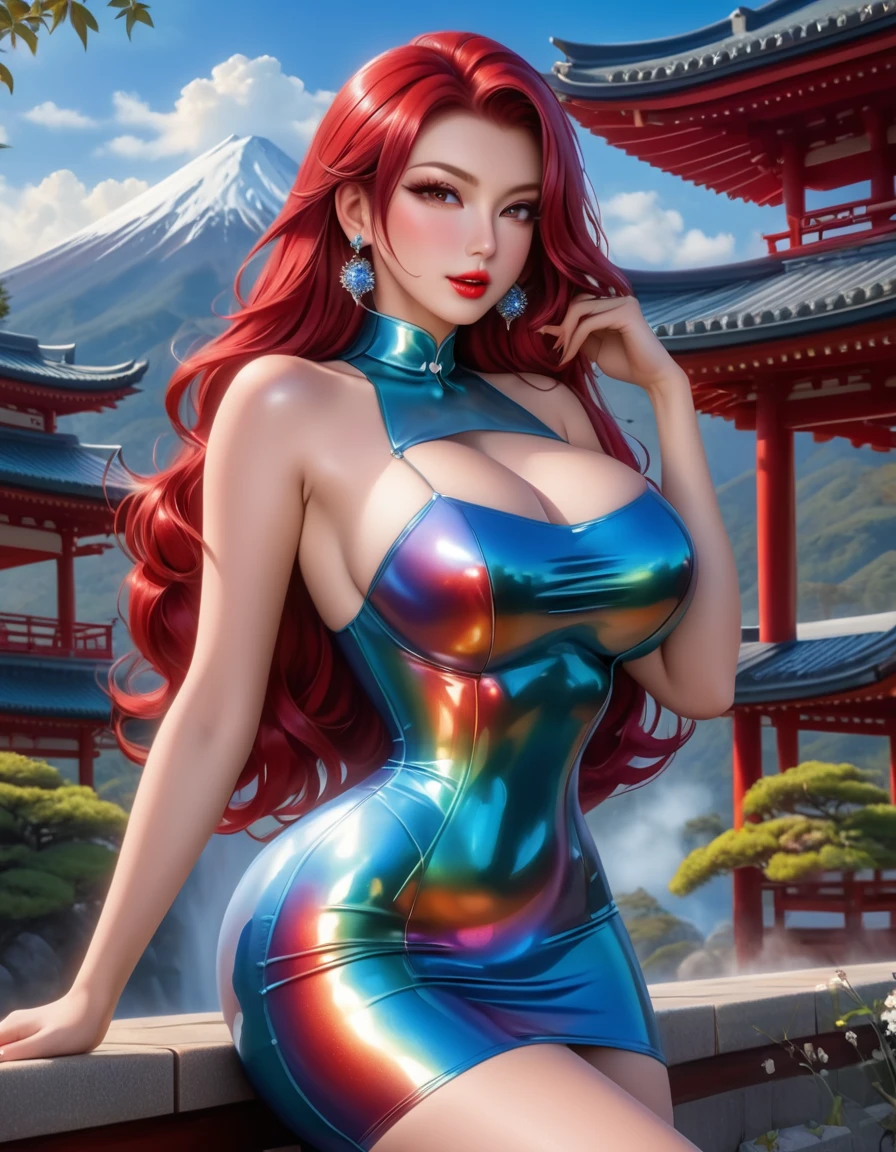 (masterpiece:1.3), (extremely intricate:1.2), (extremely delicate), (Hyper realistic photo:1.3), (modelshoot style), extremely detailed, 16k wallpaper, UHD, HDR, RAW photo, dslr, puffy lips, long diamond earrings, (Japanese beauty Japanese mixed:1.2), (realistic skin:1.4), (sweaty:1.1), thick thighs:1.1, narrow :1.1), (Crimson Red hair, voluminous 80 big hair:1.3), emerald green eyes, red eyeshadow, red lips, large breast, mouth open, eyes_smile, (holographic iridescent metallic short blue latex dress:1.6), (sunlight_on_front_face:1.3), makeup, ultra detailed irises, perfect eyes, perfect face, detailed face, (A picture of a woman and hotel:1.5), (distant full body:1.5)