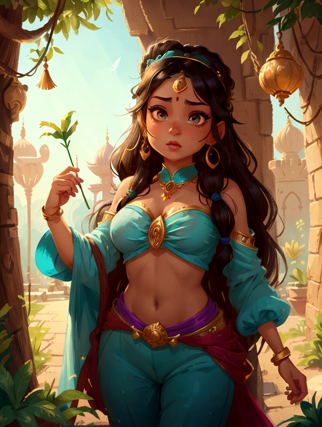 Create a captivating 4K resolution close-up portrait of Jasmine, the independent Disney princess from "Aladdin":

Imagine Jasmine with her striking features: her long, flowing black hair adorned with a jeweled headband or intricate hair accessories, reflecting her royal lineage and exotic beauty. Her eyes, deep and expressive, should convey a sense of intelligence, determination, and compassion.

Dress Jasmine in her iconic turquoise harem pants and crop top ensemble, embellished with gold jewelry and intricate patterns that showcase her regal elegance and adventurous spirit. The outfit should shimmer subtly, evoking a sense of Arabian nights and opulence.

Set the scene against the backdrop of the bustling marketplace of Agrabah, with ornate palaces, bustling streets, and vibrant colors that reflect the exotic beauty of her kingdom.

The color palette should be rich and vibrant, with hues of turquoise, gold, and purple that complement Jasmine's attire and highlight her royal heritage.

Jasmine's expression should capture her independence and strength, with a hint of curiosity and a touch of warmth. Her gaze should convey both confidence and vulnerability, embodying her desire for freedom and her compassionate nature.

This portrait aims to celebrate Jasmine as a symbol of courage, independence, and compassion in "Aladdin," capturing her iconic features and the enchanting world of Agrabah.