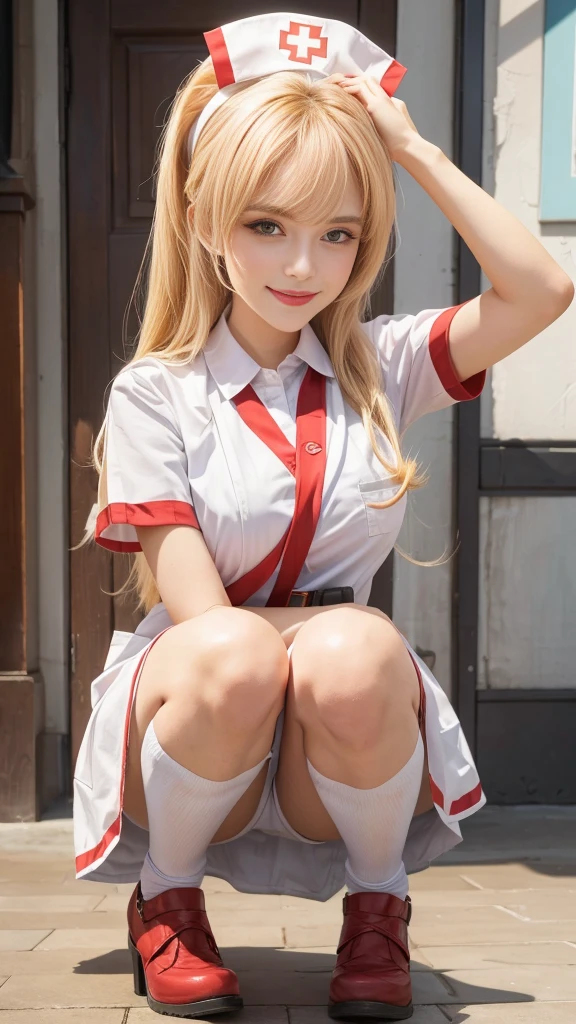 A character kneeling wearing a nurse's hat, Girl is crouching, , beautiful girls squatting, Seductive girls, a Surreal , Attractive girl, Surreal, Super cute face, Anime Best Girl, Young girl, cute girl, (Japanese beautiful girl:1.2, Face:1.2, Idol Face), (Naughty Style), belt, loafers, ((Sexy gray underwear)), ((Shy expression:1.2, blush)), (Highest quality, 8K, masterpiece:1.2, RAW Photos), ((Detailed eyes and face, Professional photography techniques, Cinema Lighting))