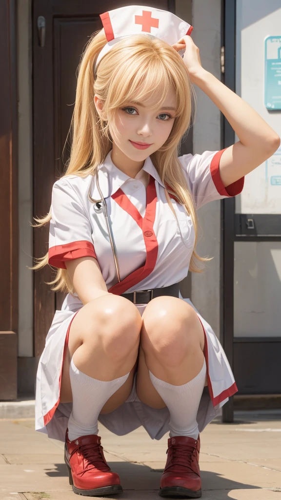A character kneeling wearing a nurse's hat, Girl is crouching, , beautiful girls squatting, Seductive girls, a Surreal , Attractive girl, Surreal, Super cute face, Anime Best Girl, Young girl, cute girl, (Japanese beautiful girl:1.2, Face:1.2, Idol Face), (Naughty Style), belt, loafers, ((Sexy gray underwear)), ((Shy expression:1.2, blush)), (Highest quality, 8K, masterpiece:1.2, RAW Photos), ((Detailed eyes and face, Professional photography techniques, Cinema Lighting))