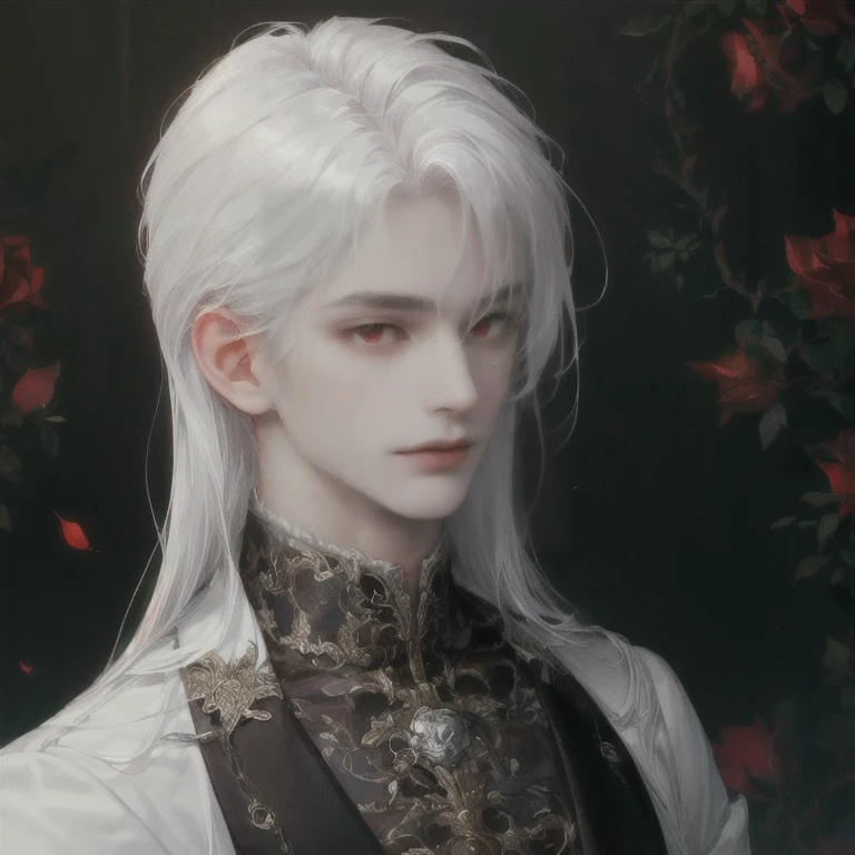 (((SAME HAIR SAME BANGS SAME OUTFIT)))) (SEDUCTIVE EYES MALE)(((RED RED EYES, ROSES, MALE)))((GENTLEMAN OUTFIT))(((very very glowing white hair)))((sharp jawline))(((same bangs)))(very pale skin super pale skin)(((BUSINESS OUTFIT VERY BUSINESS OUTFIT)))(((same exact hair but very white)))((oldfashioned wear gentleman))