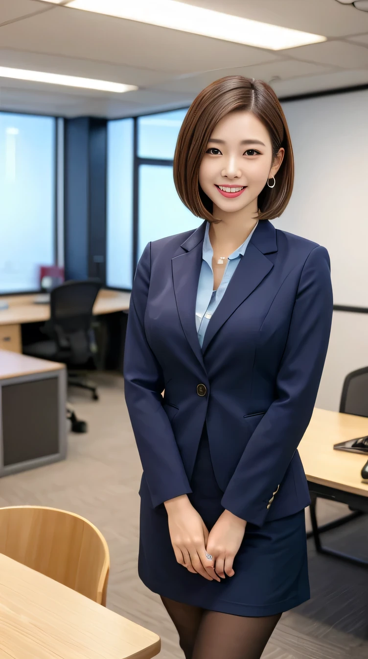 Highest quality:1.2), (Realistic,photo-Realistic:1.4), RAW Photos, High resolution, Very detailed, Intricate details, Short Haircut、Ear piercing、smile、Black Hair, (Front view, ), Two Japanese women, Standing in office room, (whole body,), Large Breasts, (High-quality fabric, Office Lady Suits、Knee-length skirt、tights、pumps:1.2), Fine grain, Detailed face, Fine skin, indoor,