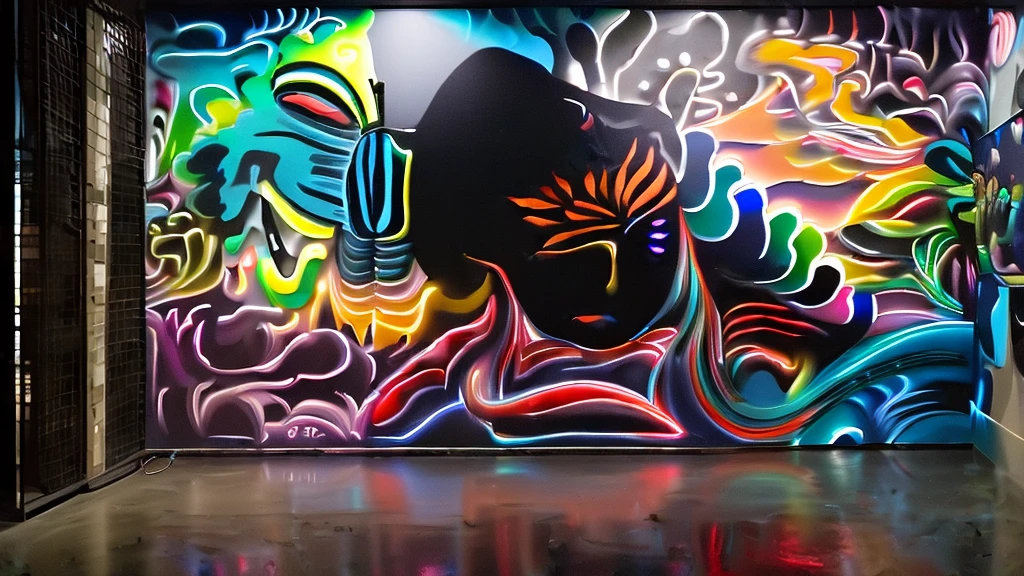 ((zoom in) Create a scene of a large wall painted with colorful paints simulating tattoos illuminated with neon by drawing the title Ai, ai my love