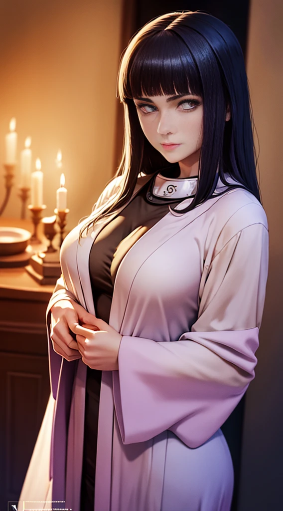 "Generate a digital image that portrays Hinata Hyuga from the anime Naruto in an intimate and suggestive environment. She should be in a dimly lit room., dressed in a light purple silk robe that subtly reveals her curves. Your dark hair should be down and slightly tousled.. Hinata must be looking intensely and with a soft smile., showing confidence and elegance. In the scene, place lit candles that cast flashes of golden light on her pale and delicate skin. The background should be a combination of warm tones that give a cozy and romantic feeling."