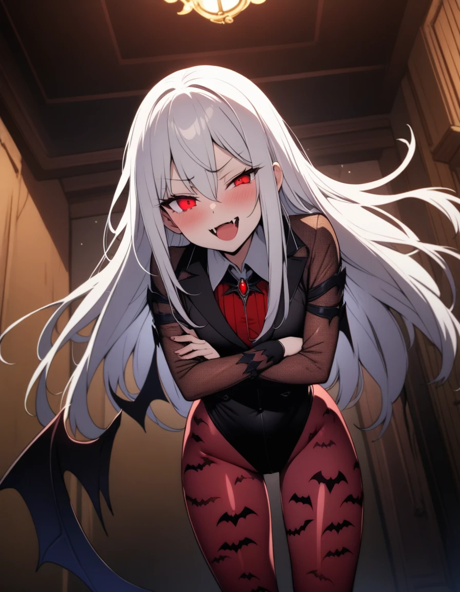 (masterpiece),(best quality),very aesthetic,(ultra-detailed),(illustration),(degenerate),nsfw,1girl,16yo,slender,long hair,white hair,straight hair,disheveled hair,red alluring eyes,one eye glaring,condescending look,open mouth,smirk,fangs,An elegant and sophisticated outfit perfect for a party, featuring a dark red highleg leotard with lace accents sleeves,Bat-patterned tights,ecstasy,happy,inroom,standing,standing on one leg,bent over,head tilt,crossed arms,daytime,Lascivious atmosphere,fantastic atmosphere,Dimly lit room like a dungeon,Old furnishings,dusty room,cowboy shot,looking at viewer, vampire, strawberry juice glass, dark fantasy, bat,bat's wings,from below,POV
