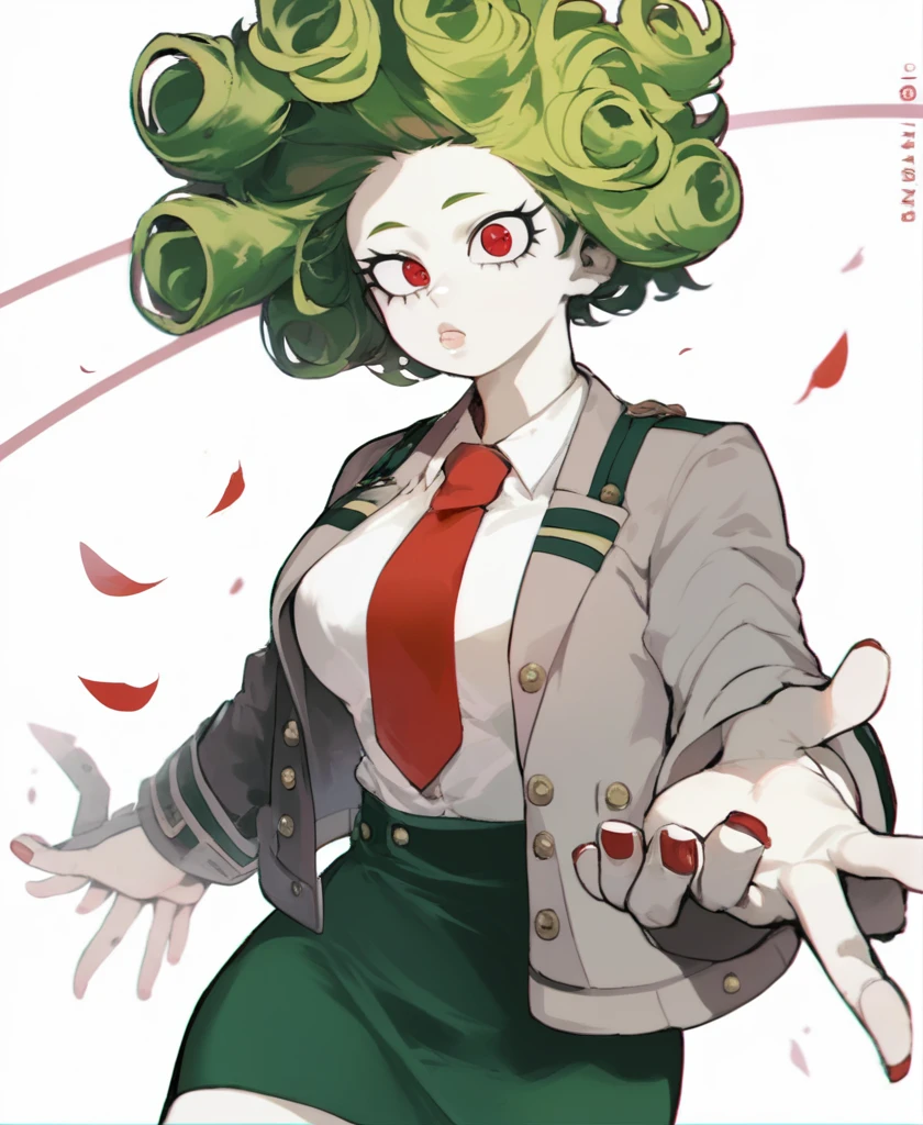 score_9_up, score_8_up, score_7_up, cowboy shot, 1girl, \(boku no hero academia\), White skin, Short curly hair, Red eyes with long eyelashes, Round cherry lips, Large breasts, Wide hips, Nail clothes, Gray jacket with red tie, Dark green skirt
, source_anime, anime style, hand perfect