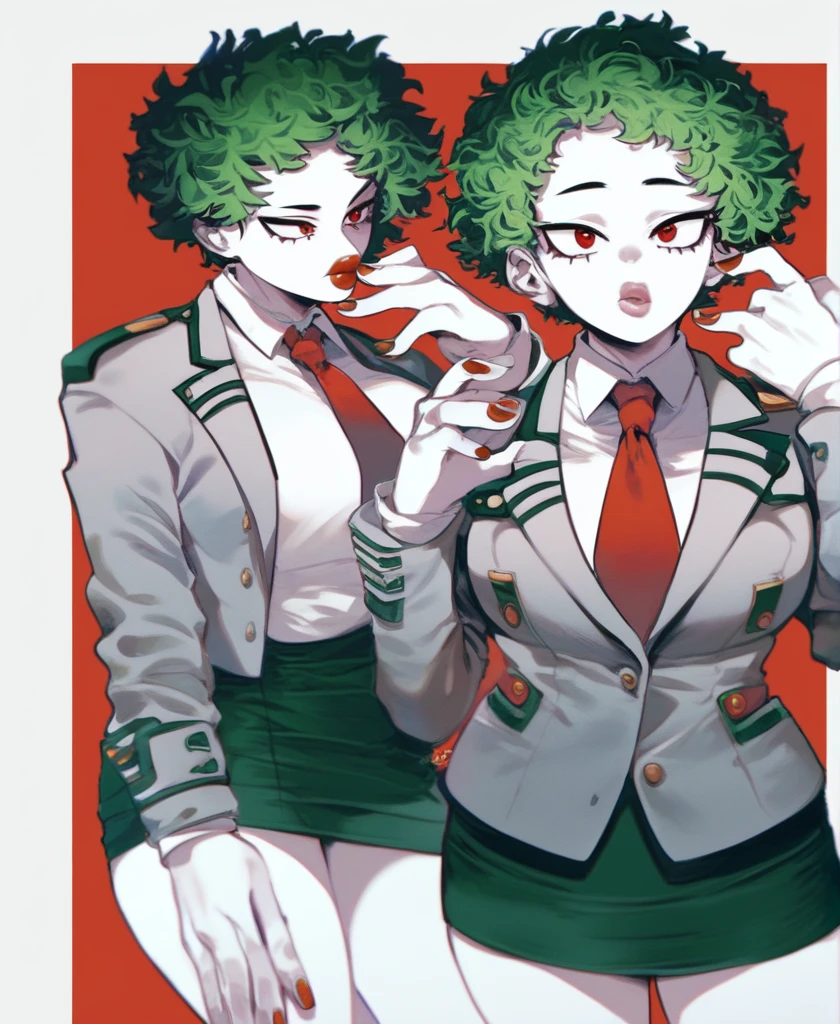 score_9_up, score_8_up, score_7_up, cowboy shot, 1girl, \(boku no hero academia\), White skin, Short curly hair, Red eyes with long eyelashes, Round cherry lips, Large breasts, Wide hips, Nail clothes, Gray jacket with red tie, Dark green skirt
, source_anime, anime style, hand perfect