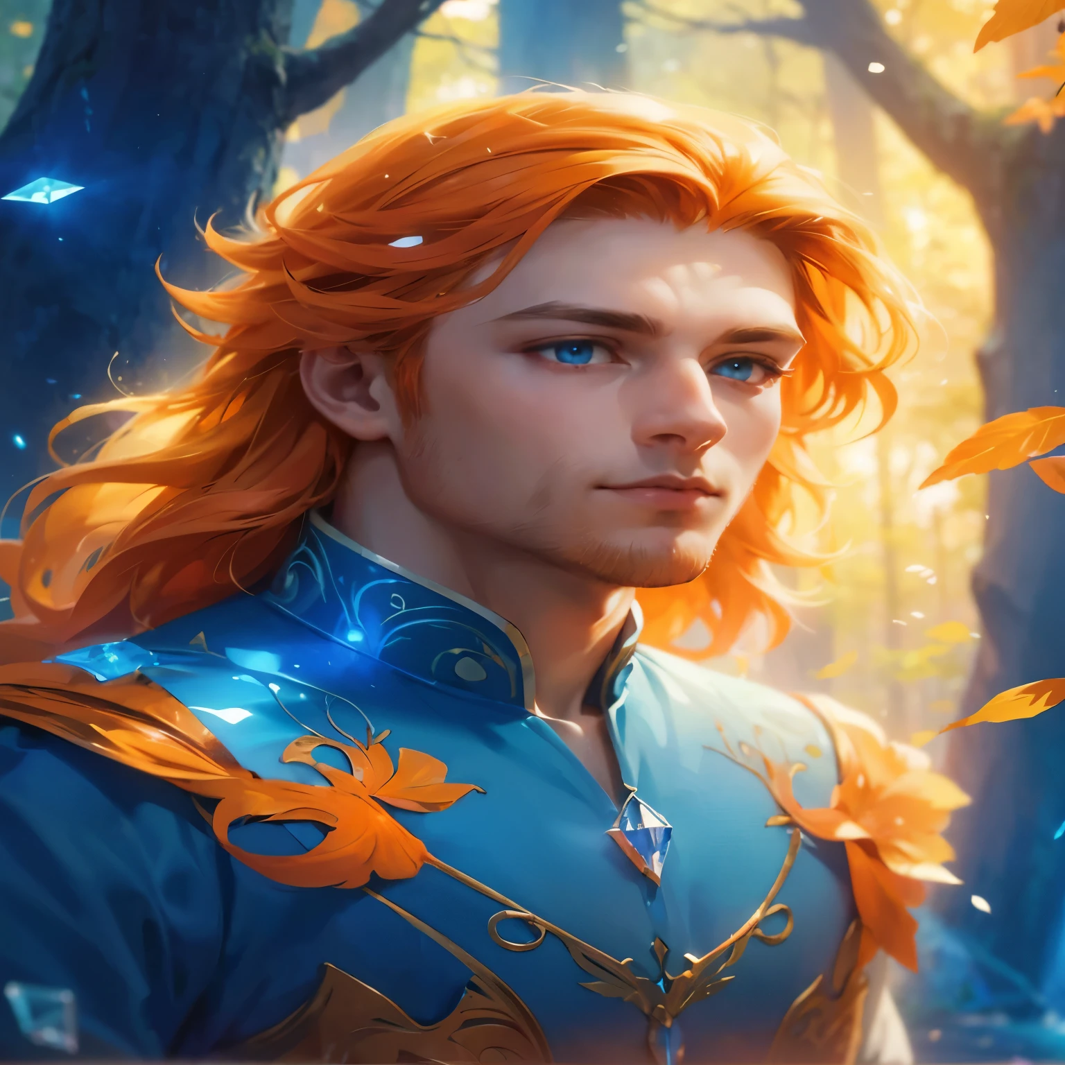 Create a mesmerizing digital painting depicting the serene beauty of an enchanted forest scene. In the center of the scene, portray a handsome young man, with flowing orange hair, Barba, blue orange eyes, wearing a cool crystal dress. Capture his graceful presence as he interacts with the natural elements around him, infusing the forest with an aura of tranquility and magic.