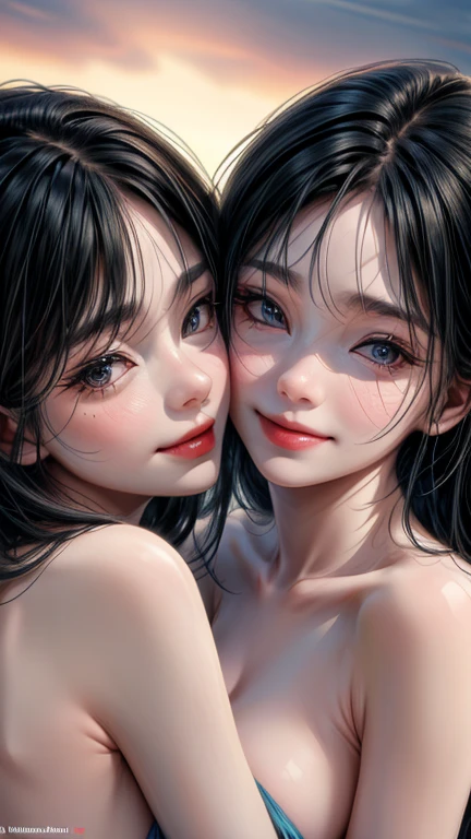 nsfw, Masterpiece, top quality, highly detailed,two beautiful girls,
young beautiful mature lesbian couple,
((Completely naked)), and excited by masturbation,
sweaty bare skin,
touching own nipples,
((The two of them put their faces together and shyly smile at the camera)), Portrait,
Close-up of their faces, at the tropical seaside beach resort in midnight, 

