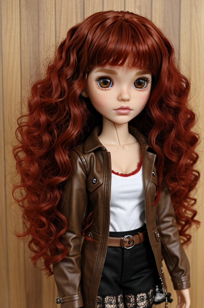 Create a Blythe doll with super curly and big bright colored red hair tan skin and brown in a emo styled outfit