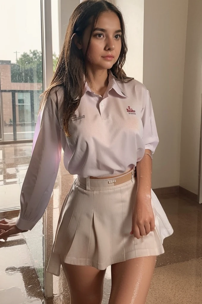 A girl with long brown hair, has brown eyes with long eyelashes, her cheeks are natural red, she is wearing a ((wet t-shirt)), she is wearing a wet white blouse that sticks to her breasts making it glimpse underneath from the blouse, with a skirt and is in a school place, wearing a , the is transparent only the ((blouse because it is wet)), you can see the nipples underneath ((uniform scholastic))