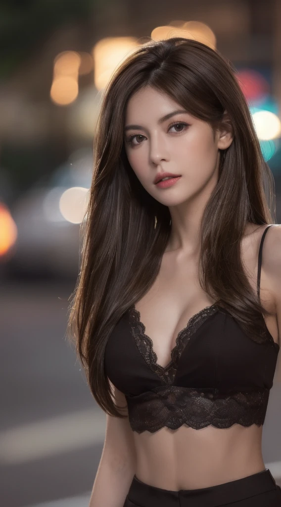 ((Realistic lighting, top quality, 8K, Masterpiece: 1.3)), Clear Focus: 1.2, 1 girl, Perfect Body Beauty: 1.4, Slim Abs: 1.1, ((Dark Brown Hair, Big: 1.3)), (Accelerate: 1.4), (Outdoor, Night: 1.1), Street, Ultra Slender Face, Fine Eyes, Double Eyelids, Exposed Cleavage, Incredibly Absurd, Messy Hair, Floating Hair,