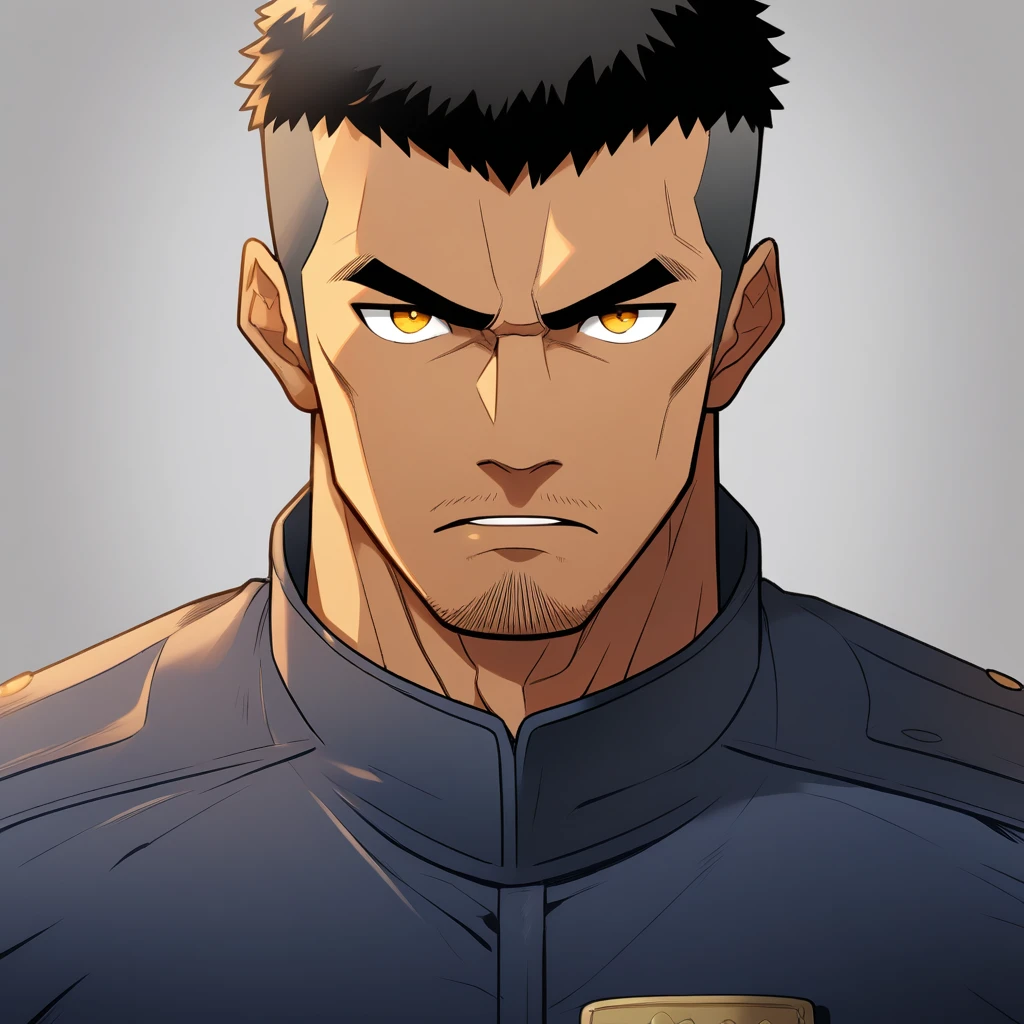 anime characters：Gyee, Muscular male police officer,  black skin, Dark-skinned male police officer, Manliness, male focus, Tight-fitting police uniform, Black tight T-shirt with a high collar, Very tight, Round, full and perky chest muscles, Slightly transparent, muscular male, muscular, only, Upper body, alone, Black short hair, Thick eyebrows, stubble, Yellow eyes, Grey background, simple background, amazing quality, best aesthetics, Ridiculous, bright pupils, crew cut, parted lips, v-shaped eyebrows, jitome, frown, best quality