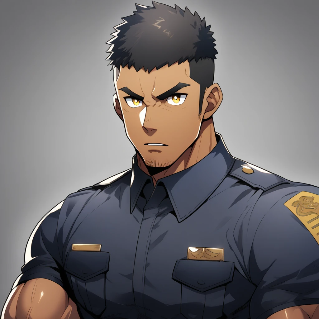 anime characters:Gyee, Muscular male police officer, negro black skin, Dark-skinned male police officer, Manliness, male focus, Tight-fitting police uniform, Black tight T-shirt with a high collar, Very tight, Round, full and perky chest muscles, Slightly transparent, muscular male, muscular, only, Upper body, alone, Black short hair, Thick eyebrows, stubble, Yellow eyes, Grey background, simple background, amazing quality, best aesthetics, Ridiculous, bright pupils, crew cut, parted lips, v-shaped eyebrows, jitome, frown, best quality