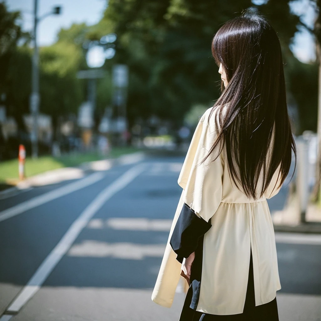 iPhone 15 pro photo, cool fashionable japanese woman, she's verylonghair, Directly behind , full body , back view photo
,emotional photo, single focal length lens, , Japanese photography style,beautiful shining straighthair,