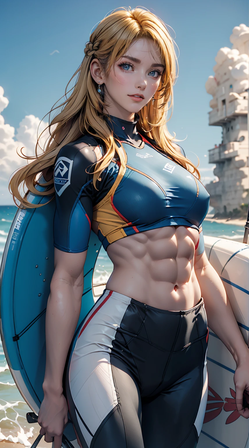 24 year old Caucasian female、hair color is blonde、、Long Hair、Updo、Eye color is blue、A slim but muscular body、Wearing a diving suit、My abs are ripped、Ride a surfboard in the ocean、smile、Sexy proportions、Narrow waist、Sexy