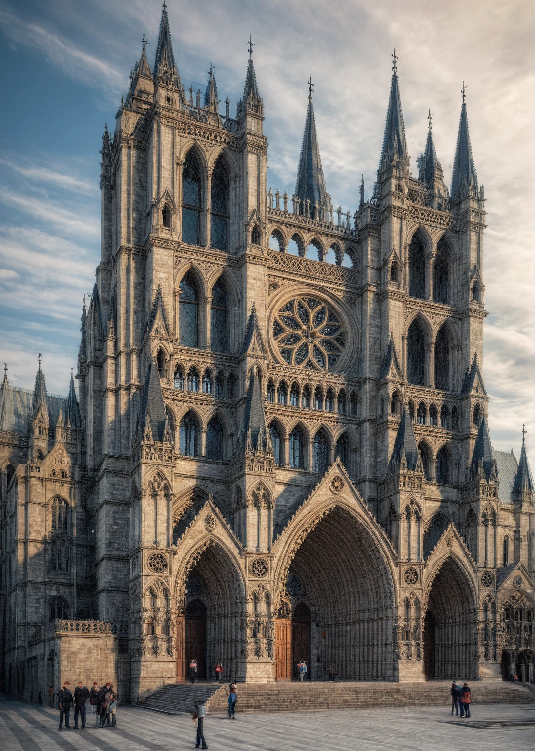 Raw photo, (best quality, masterpiece:1.2), colorful glass, vivid color, daylight,the complex Gothic cathedral facade. (The church:1.2) has large pointed arches, ornate rose windows, high spires and many small towers. The building is richly decorated with intricate carvings, gothic motifs and flying pillars. The image is represented in a surreal style with precise lines, documenting the grandeur and complexity of Gothic architecture. There are small groups of people and steps leading to the large entrance, adding a sense of scale and realism to the scene.