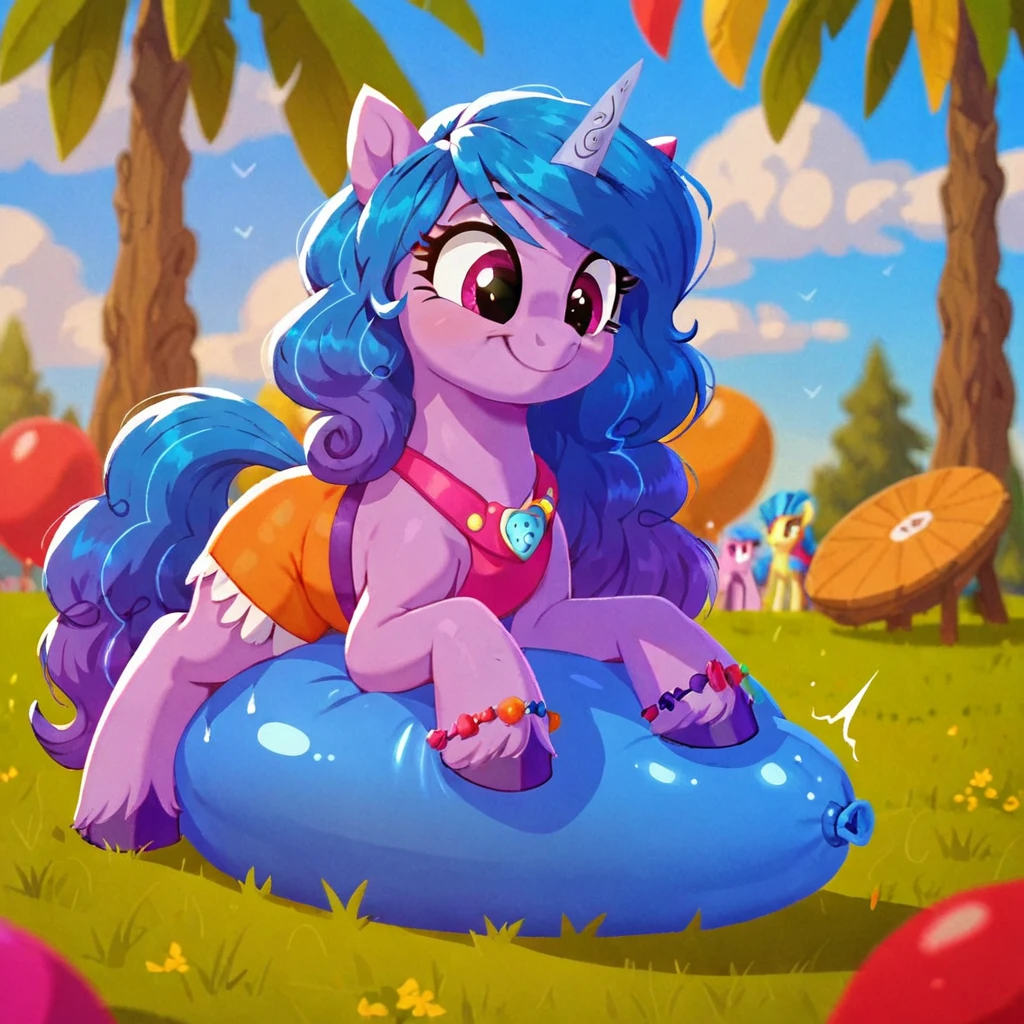 cinematic film still score_9, score_8_up, score_7_up, score_6_up, score_5_up, score_4_up, Digital art, cute, 
Izzy Moonbow, earth pony, muscular, smirking, feral,
rating_questionable,
meadow, 
(balloon fetish, looner, sitting on a balloon, balloon sitting:1.2), 
(detailed balloon, one balloon, sitpop:1.3), 
thick thighs, balloon fetish, sitting on a balloon, one balloon, too heavy,
(tied balloon, tight balloon, necked balloon:1.2), 
foreshortening, depth of field, motion lines, 
emphasis lines, impact emanata,
screencap,  . shallow depth of field, vignette, highly detailed, high budget, bokeh, cinemascope, moody, epic, gorgeous, film grain, grainy