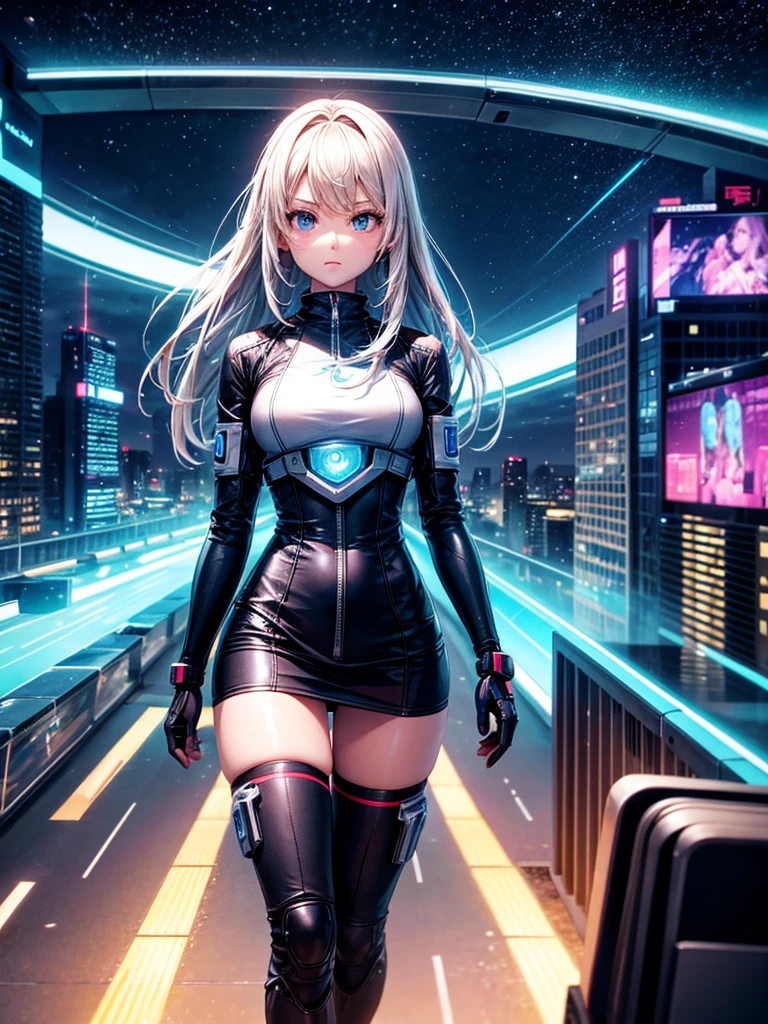 Highest quality,Highest Resolution,Girl from the future,Android,Travel at high speed in a machine through the night city,