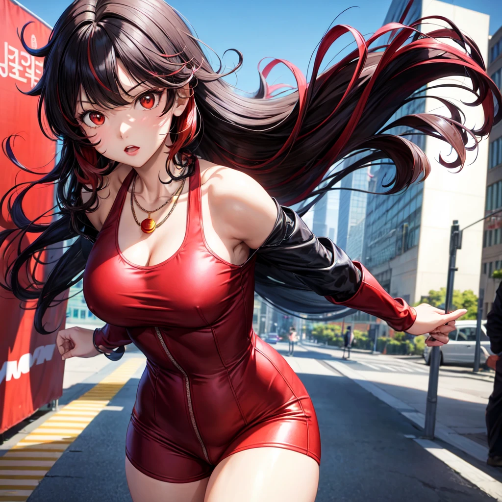 anime panel,upper body, 1girl solo, adult, Korean, black hair,curly hair, with red highlights , red slanted eyes, spy clothes, necklace, city background , serious , looking at the viewer
