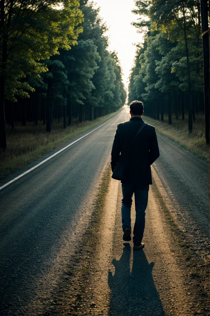 Man in dark place , long road , light in the end of the path , alone , back view , 
