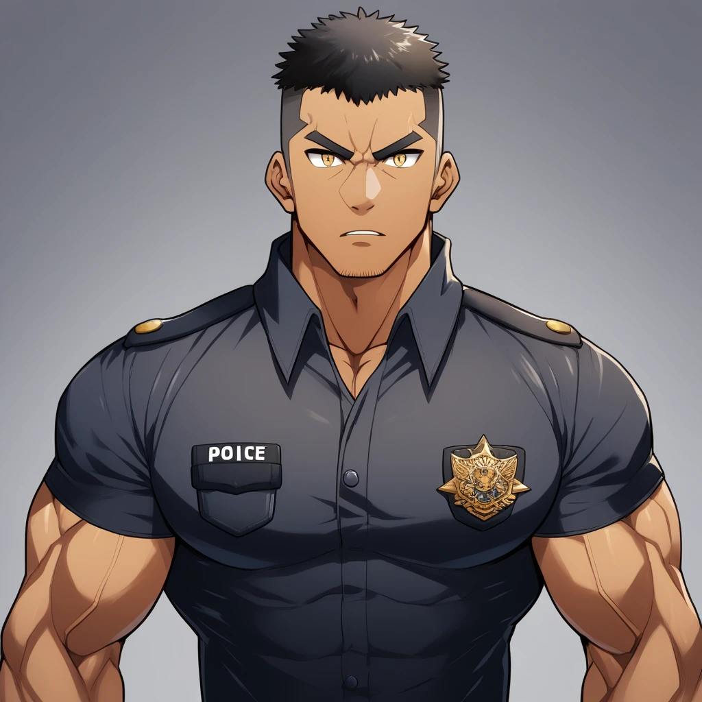 anime characters:Gyee, Muscular male police officer, negro black skin, Dark-skinned male police officer, Manliness, male focus, Tight-fitting police uniform, Black tight T-shirt with a high collar, Very tight, Round, full and perky chest muscles, Slightly transparent, muscular male, muscular, only, Upper body, alone, Black short hair, Thick eyebrows, stubble, Yellow eyes, Grey background, simple background, amazing quality, best aesthetics, Ridiculous, bright pupils, crew cut, parted lips, v-shaped eyebrows, jitome, frown, best quality