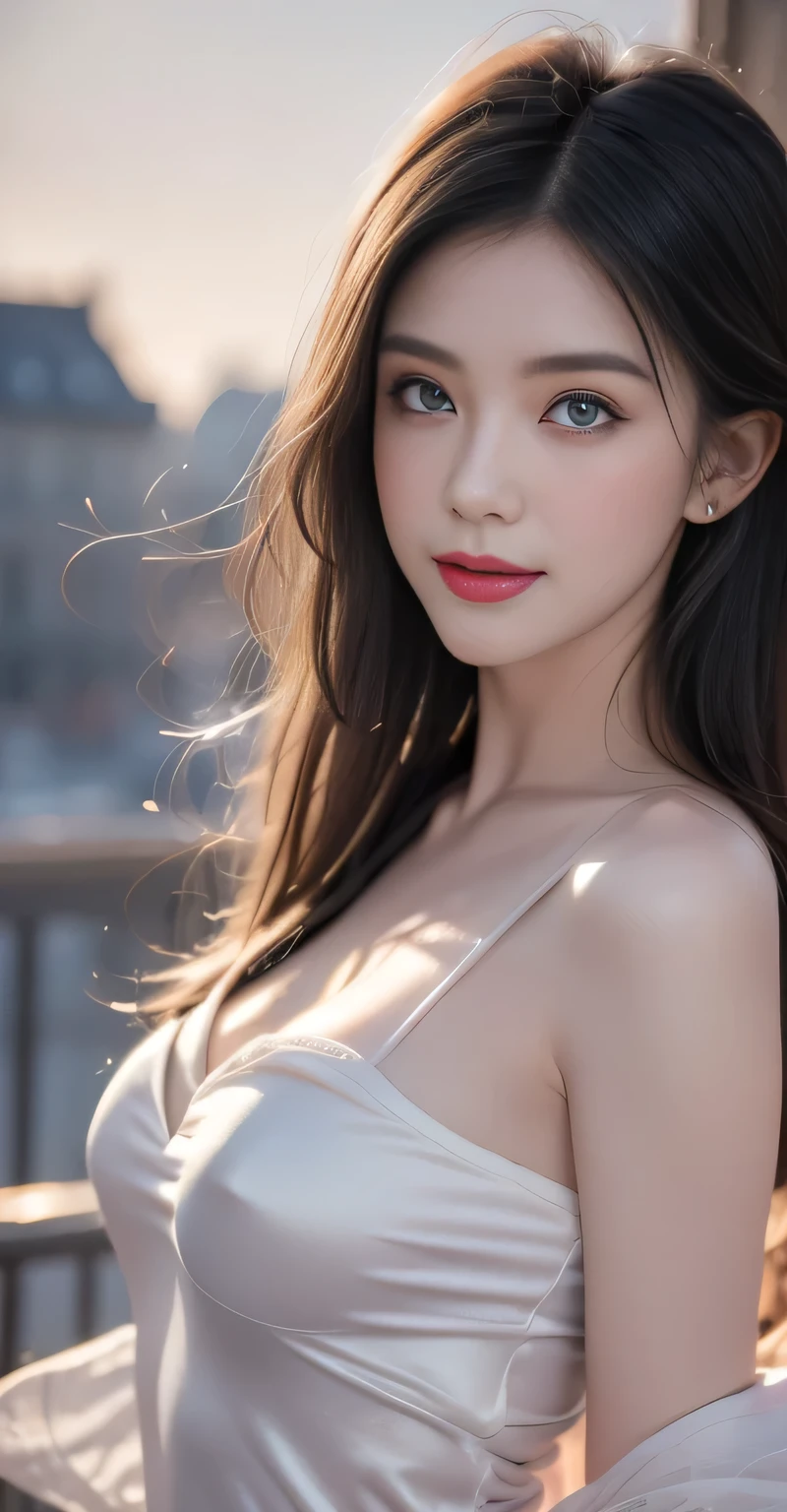 black hair, hair bobbles, wince, longeyelashes, solid circle eyes, light smile, ear blush, fang, ccurate, Surrealism, drop shadow, anaglyph, stereogram, tachi-e, ass pov, atmospheric perspective, 8K, super detail, best quality, best quality, high details, anatomically correct, uhd, retina, high quality, highres, textured skin, masterpiece, accurate, super detail, award winning,Paris , Storm scene, Edwardian Women in White, watercolor